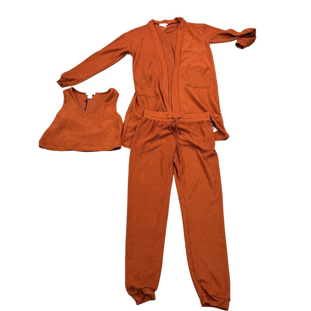 Happily Grey Womens 3-Piece Lounge Set In Rust Orange M Cardigan Tank Top & Jogg